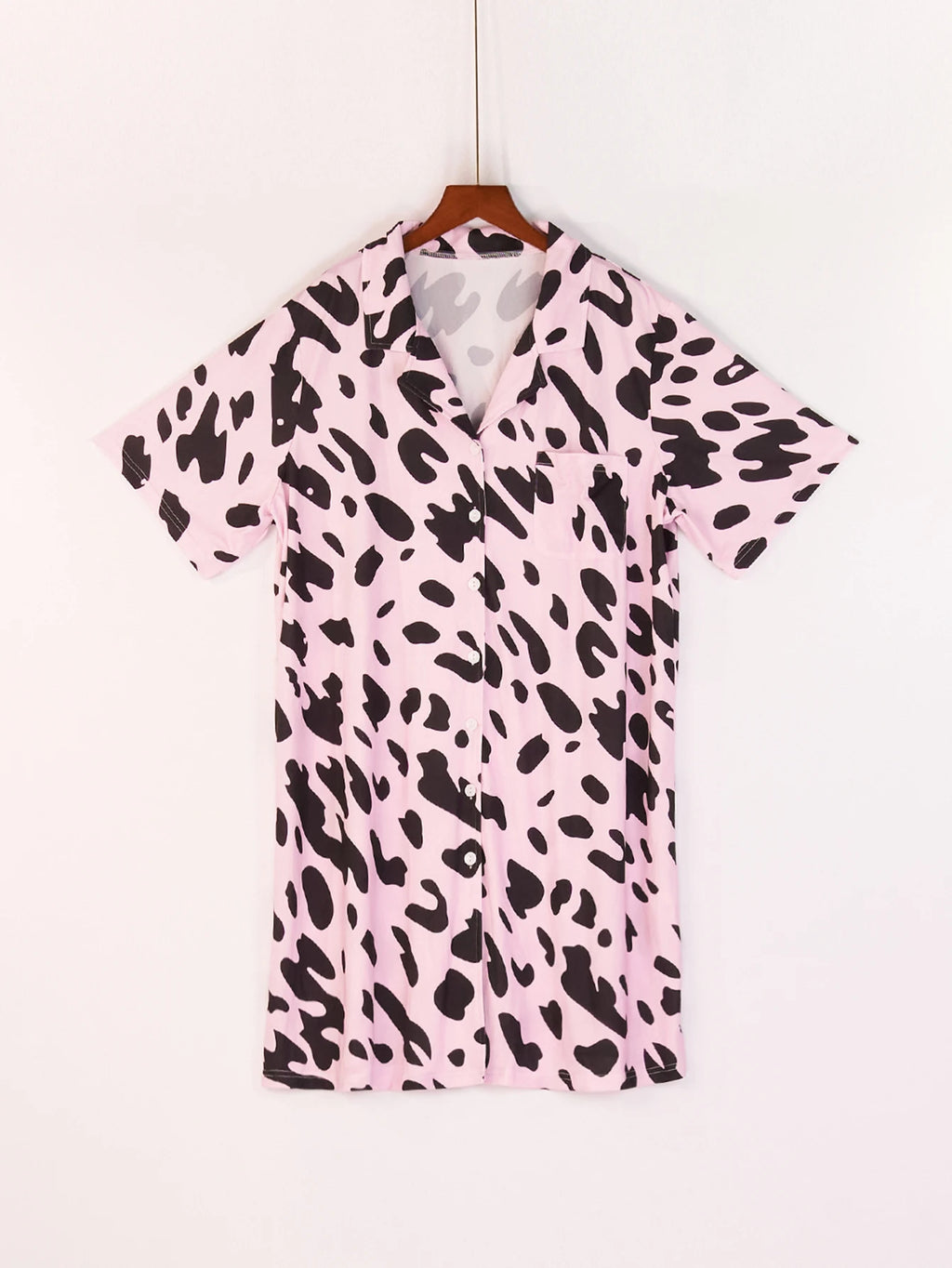 Plus Size Women's Spring Summer Leopard Print Lapel Short Sleeve Shirt Style Nightgown Soft Casual Home Sleep Dress