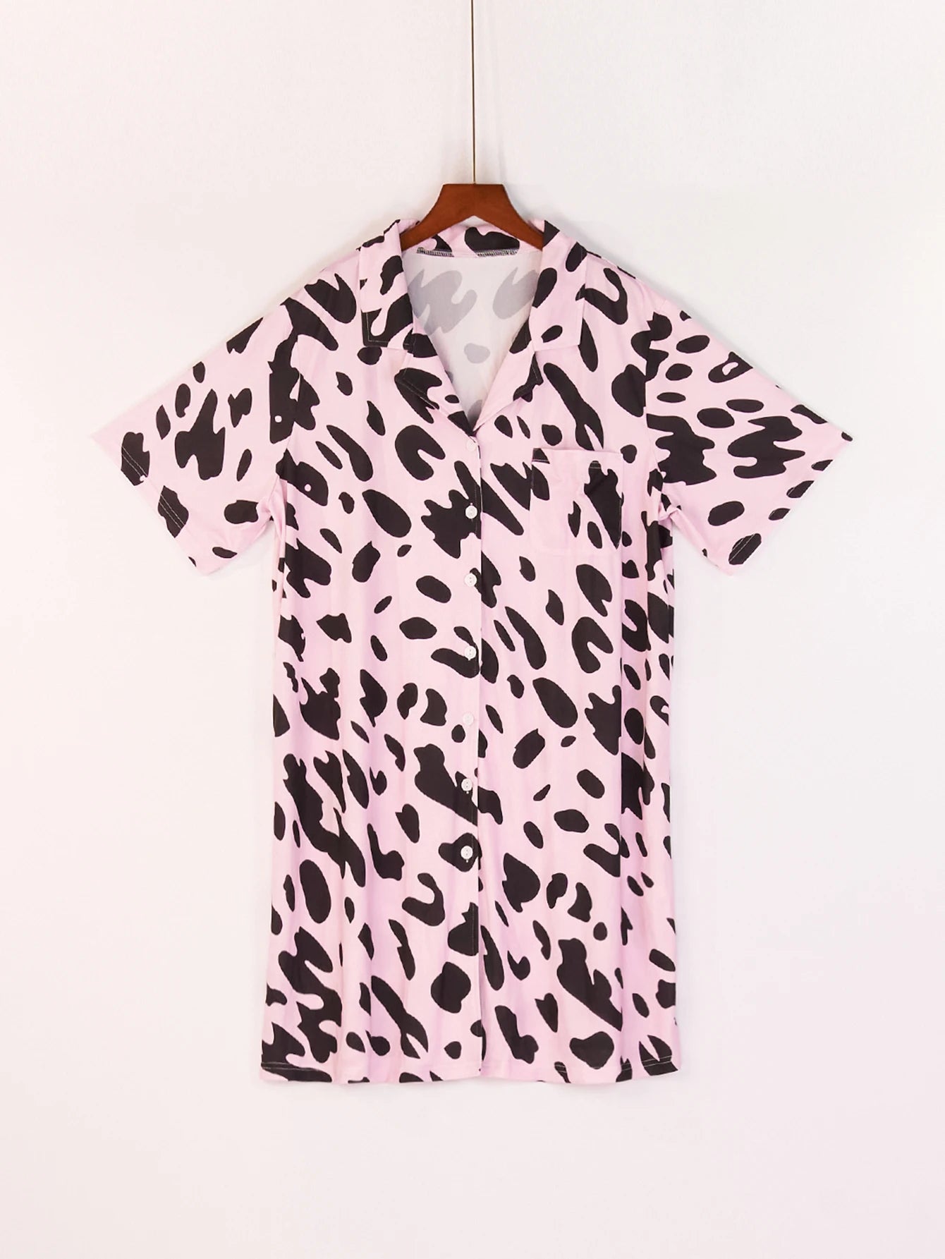 Plus Size Women's Spring Summer Leopard Print Lapel Short Sleeve Shirt Style Nightgown Soft Casual Home Sleep Dress