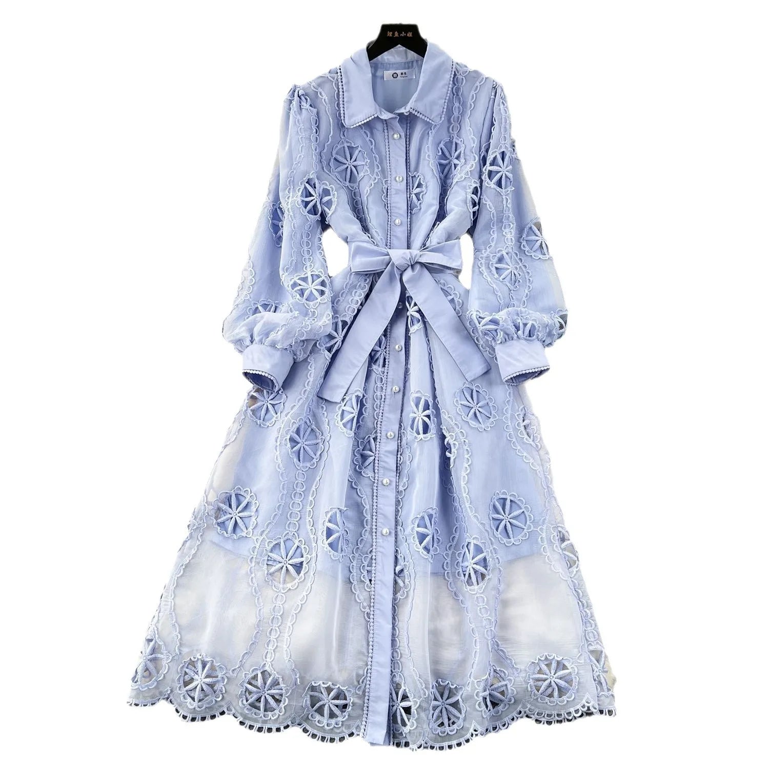 Women Dress Gown Dresses A Line Mid Length Vestidos Elegant White Turn Down Collar Sexy Slim Y2k Hollow Out Puff Sleeve Elegant