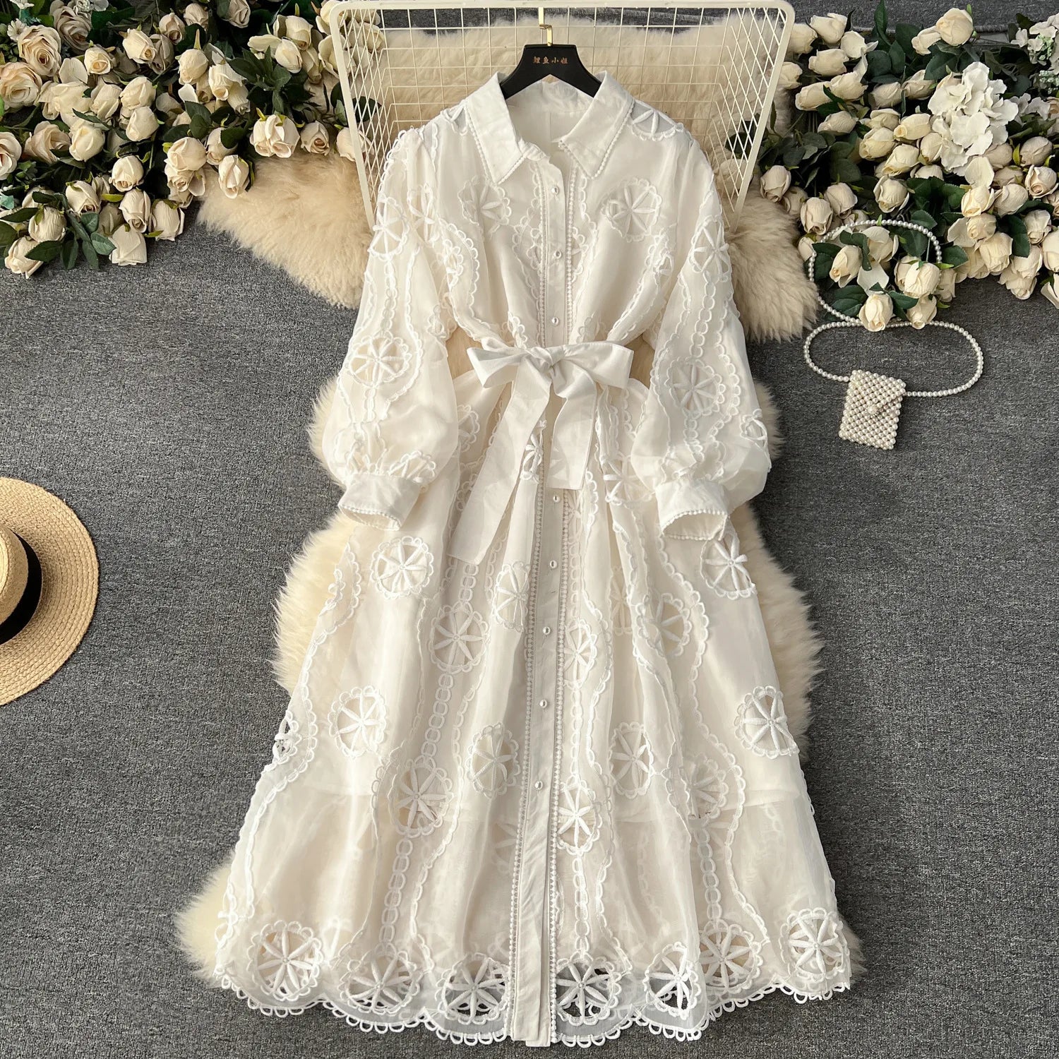 Women Dress Gown Dresses A Line Mid Length Vestidos Elegant White Turn Down Collar Sexy Slim Y2k Hollow Out Puff Sleeve Elegant