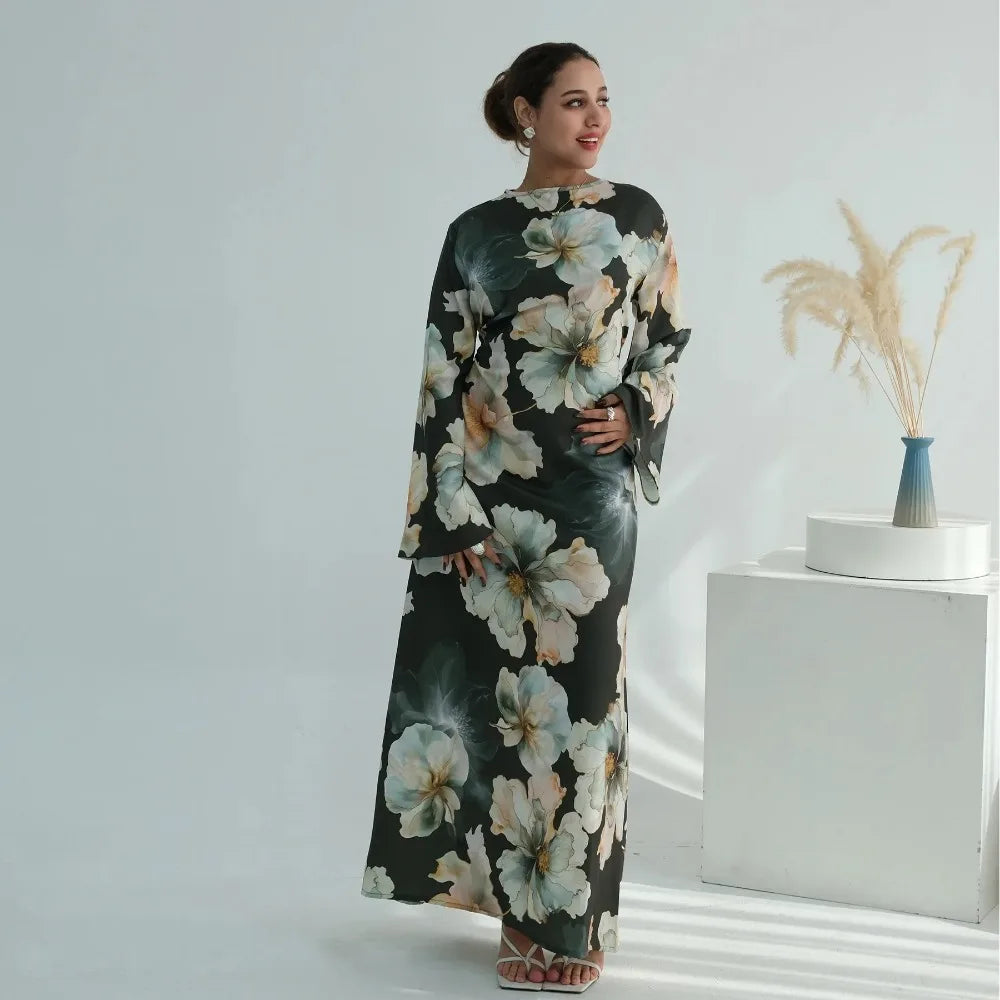 Muslim Dress for Women Flower Print  Party Abaya Dresses Arab Long Robe Morocco Dubai Kaftan Vestidos Jalabiya Ramadan Eid 2026