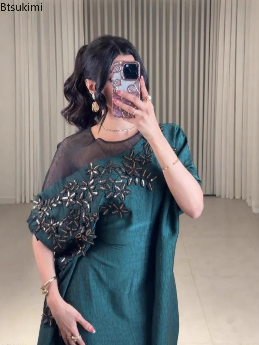 Muslim Dresses Women's Elegant O Neck Evening Dress Classy Embroidery Kaftan Women Prom Gown Gorgeous Cocktail Arabic Wear Robe