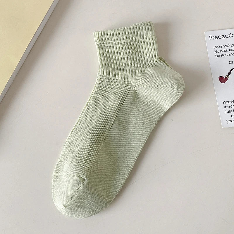 Cotton Socks For Women New Solid Color Summer Fashion Simple Mesh Socks Absorb Sweat Breathable Casual Short Socks Elastic Comfy