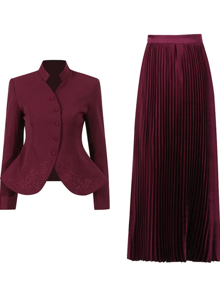 DEAT Elegant 2 Pcs Set Single Button Embroidery Coat High Waist Pleated Skirt Women's Evening Party Suit 2026 Spring New 35Z1746