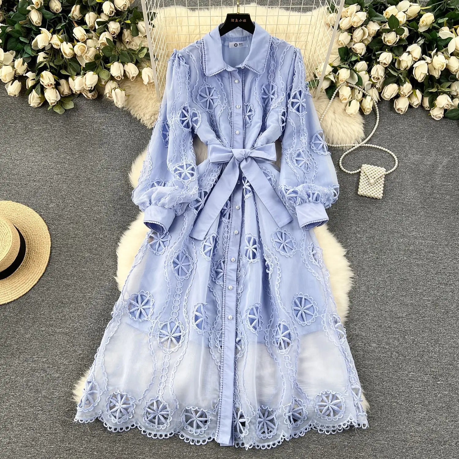 Women Dress Gown Dresses A Line Mid Length Vestidos Elegant White Turn Down Collar Sexy Slim Y2k Hollow Out Puff Sleeve Elegant