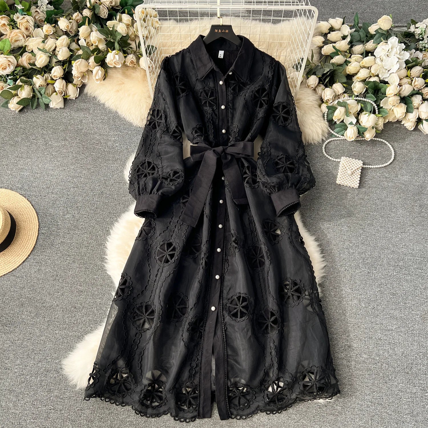 Women Dress Gown Dresses A Line Mid Length Vestidos Elegant White Turn Down Collar Sexy Slim Y2k Hollow Out Puff Sleeve Elegant