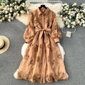 Women Dress Gown Dresses A Line Mid Length Vestidos Elegant White Turn Down Collar Sexy Slim Y2k Hollow Out Puff Sleeve Elegant