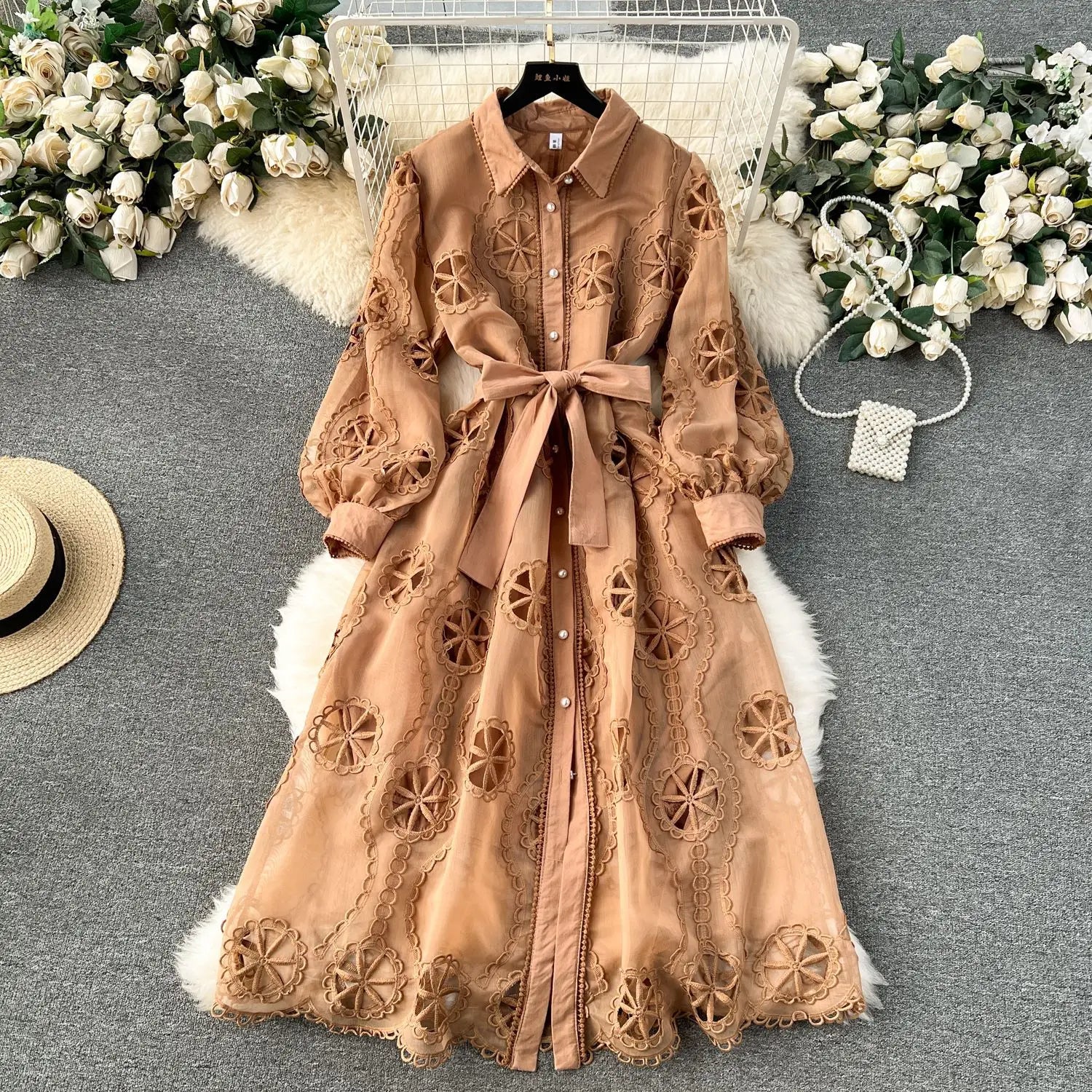 Women Dress Gown Dresses A Line Mid Length Vestidos Elegant White Turn Down Collar Sexy Slim Y2k Hollow Out Puff Sleeve Elegant
