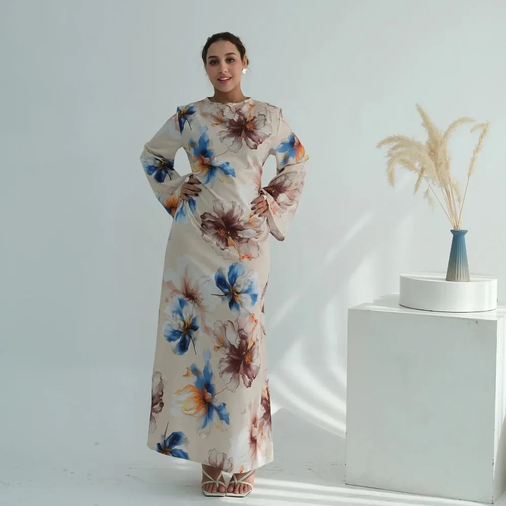 Muslim Dress for Women Flower Print  Party Abaya Dresses Arab Long Robe Morocco Dubai Kaftan Vestidos Jalabiya Ramadan Eid 2026