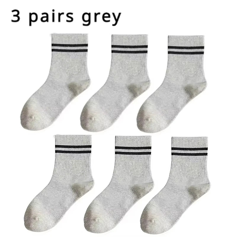3 Pairs of Striped Cotton Socks Sweat Wicking Breathable Comfortable Sports Socks Simple and Versatile Mid Tube Socks