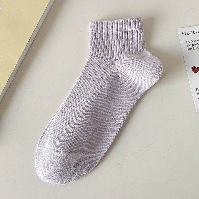 Cotton Socks For Women New Solid Color Summer Fashion Simple Mesh Socks Absorb Sweat Breathable Casual Short Socks Elastic Comfy