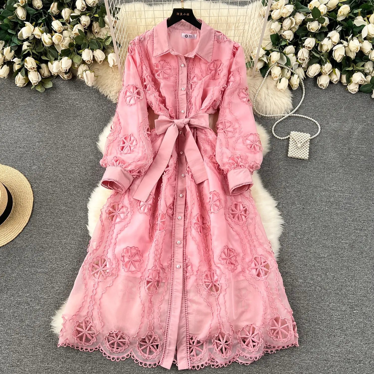 Women Dress Gown Dresses A Line Mid Length Vestidos Elegant White Turn Down Collar Sexy Slim Y2k Hollow Out Puff Sleeve Elegant
