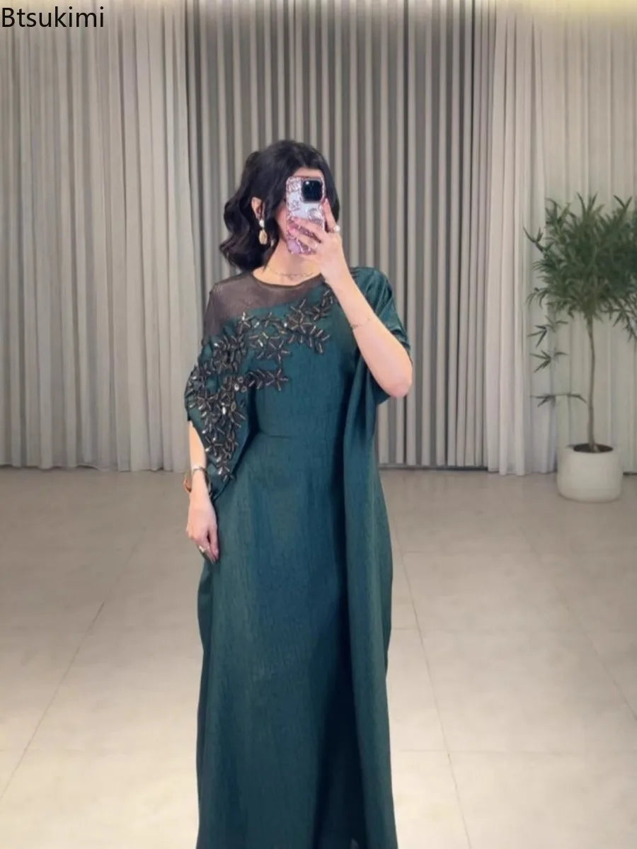 Muslim Dresses Women's Elegant O Neck Evening Dress Classy Embroidery Kaftan Women Prom Gown Gorgeous Cocktail Arabic Wear Robe