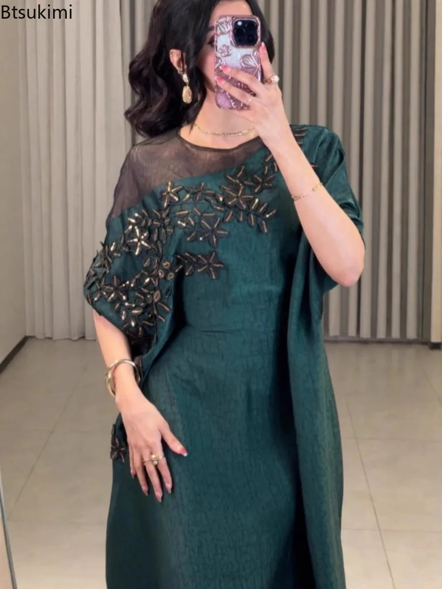 Muslim Dresses Women's Elegant O Neck Evening Dress Classy Embroidery Kaftan Women Prom Gown Gorgeous Cocktail Arabic Wear Robe