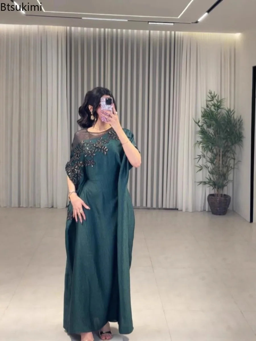 Muslim Dresses Women's Elegant O Neck Evening Dress Classy Embroidery Kaftan Women Prom Gown Gorgeous Cocktail Arabic Wear Robe