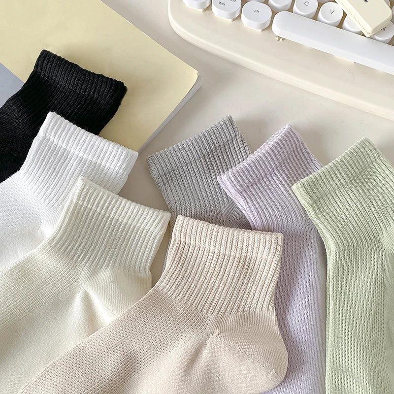 Cotton Socks For Women New Solid Color Summer Fashion Simple Mesh Socks Absorb Sweat Breathable Casual Short Socks Elastic Comfy