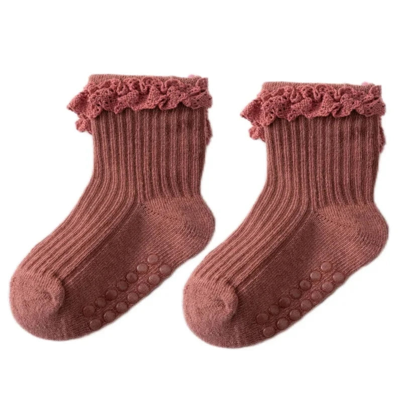 1/3/4/5pairs Cotton Pure Color Toddler Girl Lace Socks Infant Baby Girls Non-slip Socks Young Children Girl Cute Half Knee-socks