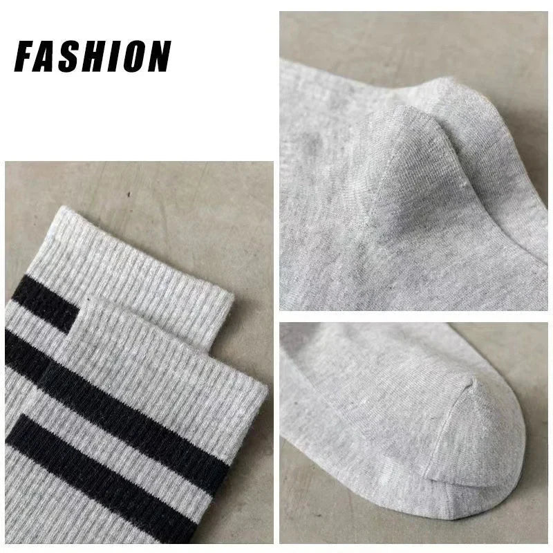 3 Pairs of Striped Cotton Socks Sweat Wicking Breathable Comfortable Sports Socks Simple and Versatile Mid Tube Socks