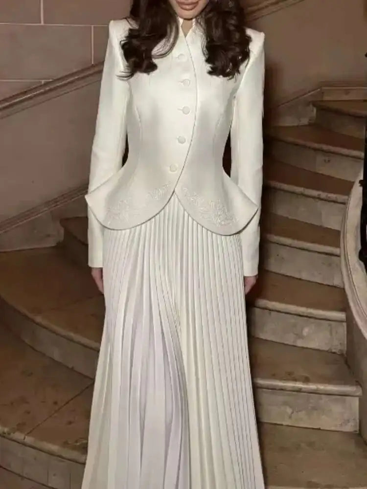 DEAT Elegant 2 Pcs Set Single Button Embroidery Coat High Waist Pleated Skirt Women's Evening Party Suit 2026 Spring New 35Z1746