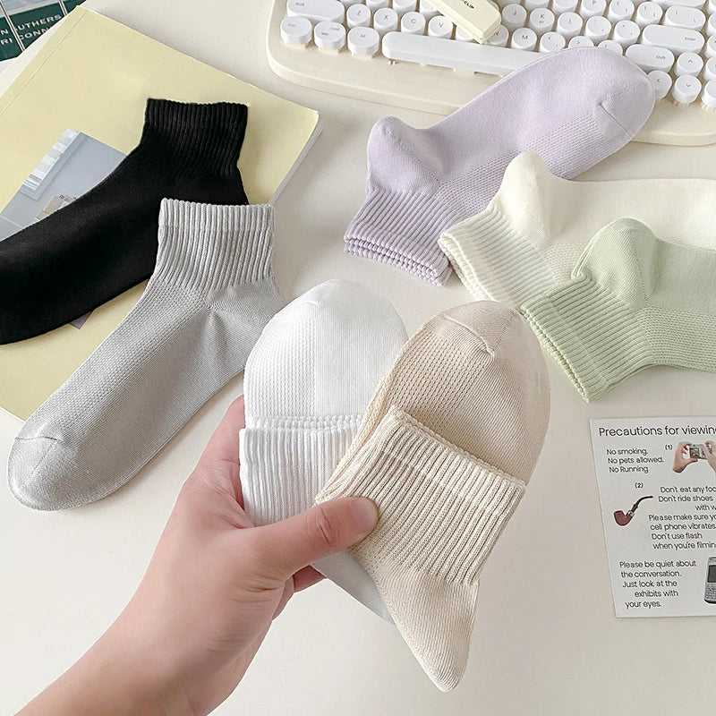 Cotton Socks For Women New Solid Color Summer Fashion Simple Mesh Socks Absorb Sweat Breathable Casual Short Socks Elastic Comfy