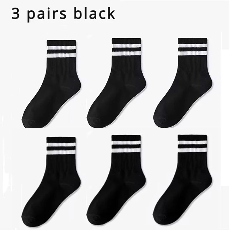 3 Pairs of Striped Cotton Socks Sweat Wicking Breathable Comfortable Sports Socks Simple and Versatile Mid Tube Socks