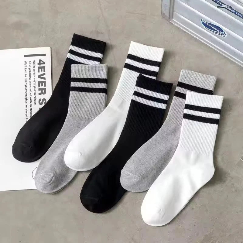 3 Pairs of Striped Cotton Socks Sweat Wicking Breathable Comfortable Sports Socks Simple and Versatile Mid Tube Socks