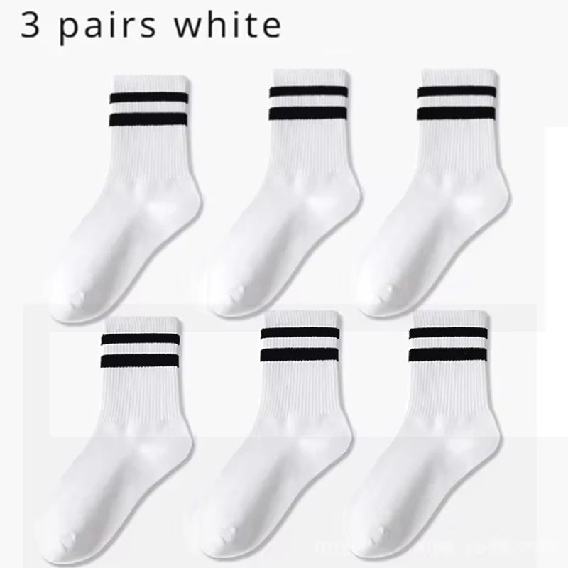 3 Pairs of Striped Cotton Socks Sweat Wicking Breathable Comfortable Sports Socks Simple and Versatile Mid Tube Socks
