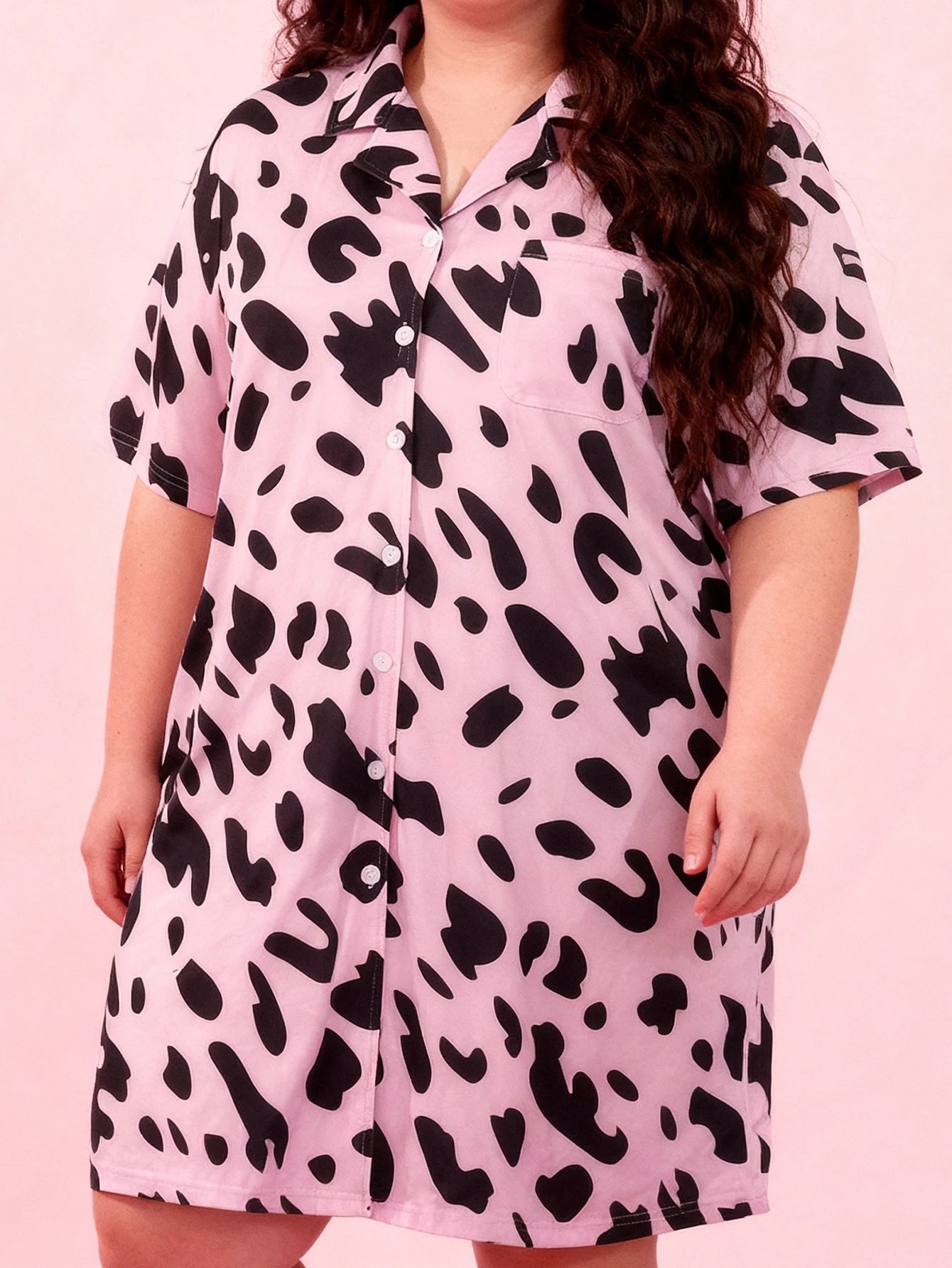 Plus Size Women's Spring Summer Leopard Print Lapel Short Sleeve Shirt Style Nightgown Soft Casual Home Sleep Dress